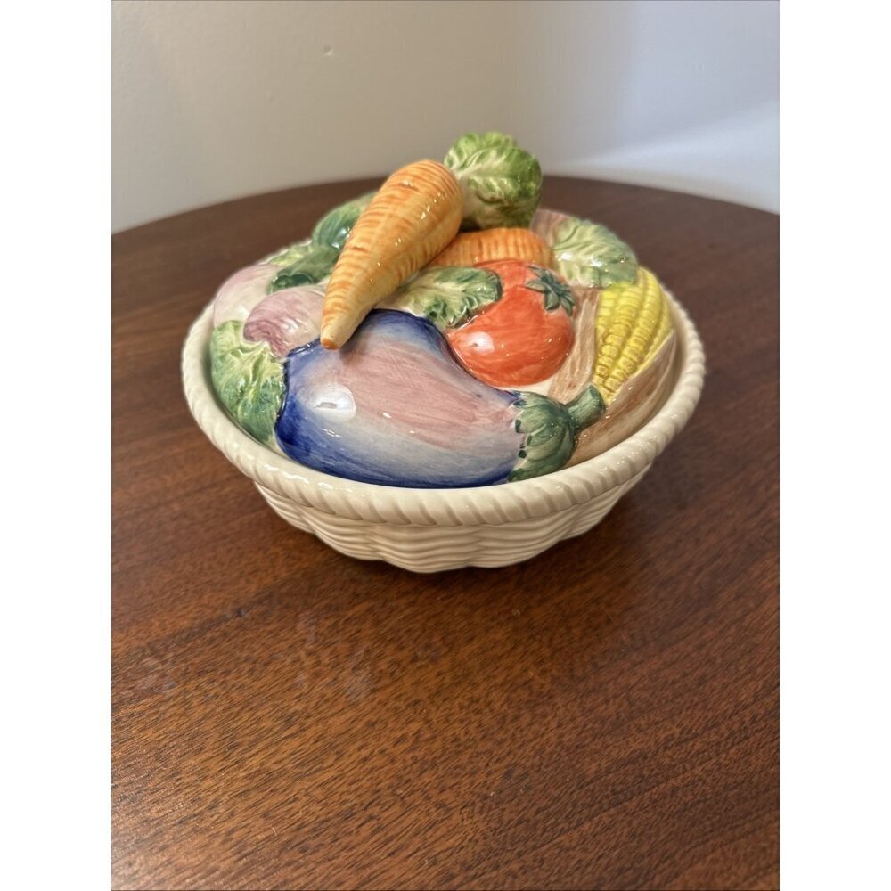 FITZ & FLOYD Vegetable Garden 3D Covered Bowl W/Lid Ironstone Basket 2.5 Cup